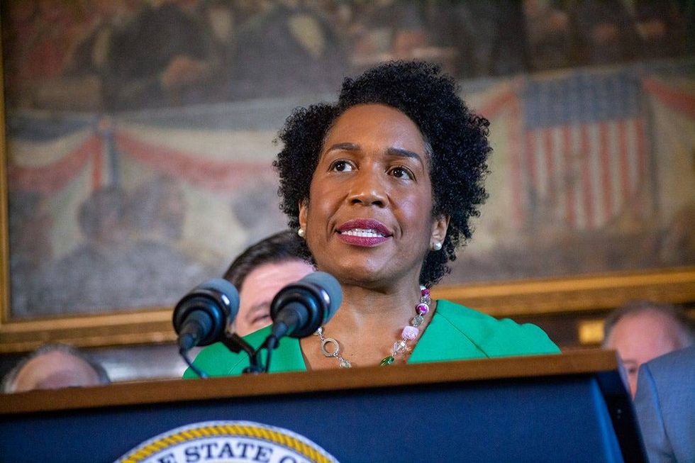 Lt. Gov. Juliana Stratton is pictured at a news conference in the governor