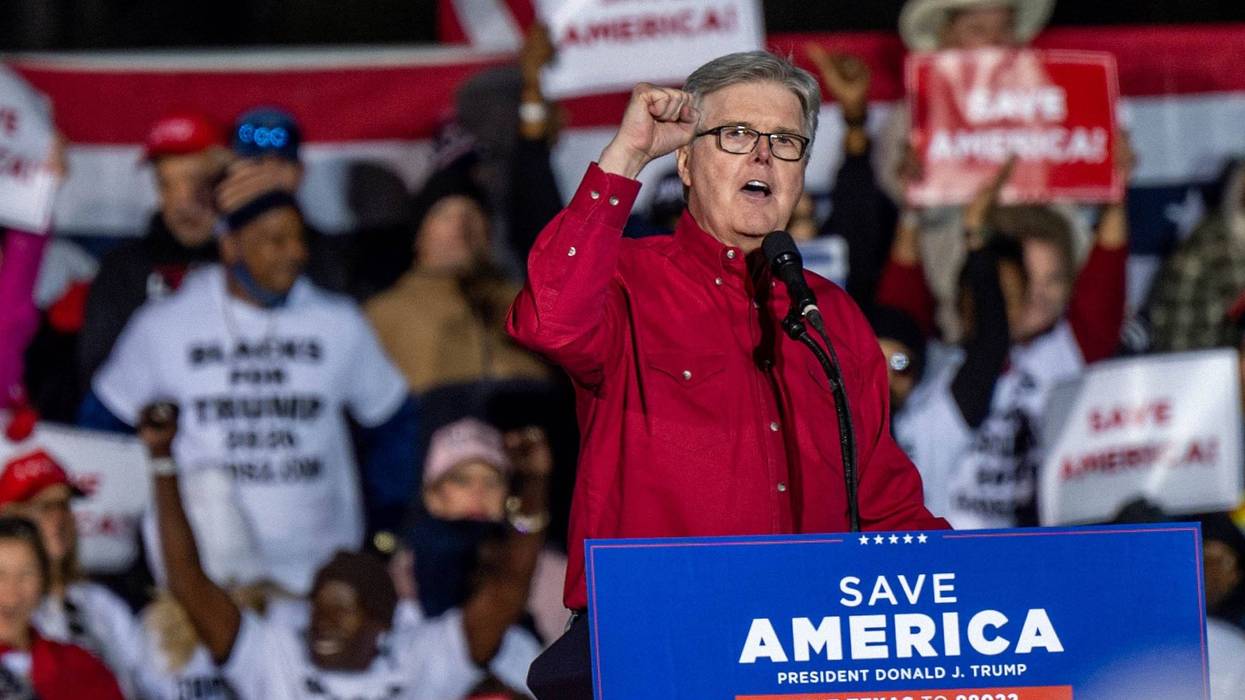 Lt. Gov. of Texas Dan Patrick (R) speaks during the Save America rally at the Montgomery County Fairgrounds on Jan. 29, 2022 in Conroe, Texas. Former President Donald Trump later spoke at the rally, making it his first Texas MAGA rally since 2019.
