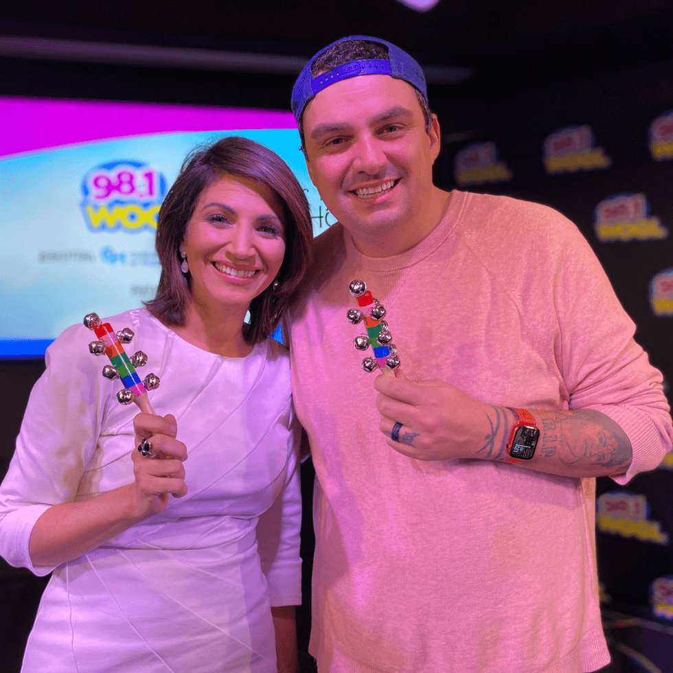 Lucy Bustamant from NBC 10 with Coop at the 2021 98.1 WOGL Loves Our Kids Radiothon Presented by Fulton Bank