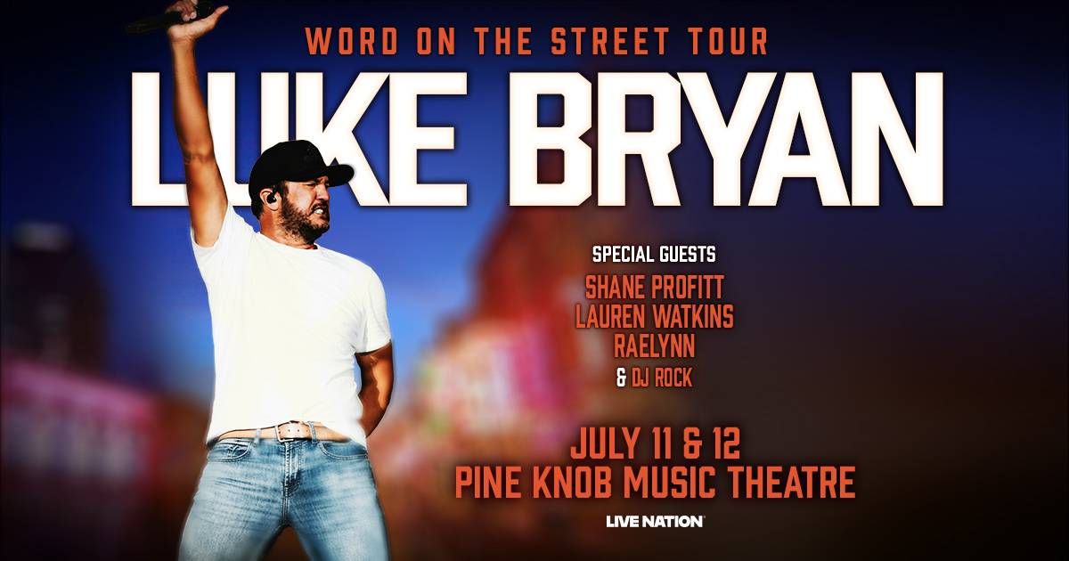 Luke Bryan on stage with mic. Poster for "Word on the Street Tour" with guests, dates, venue.