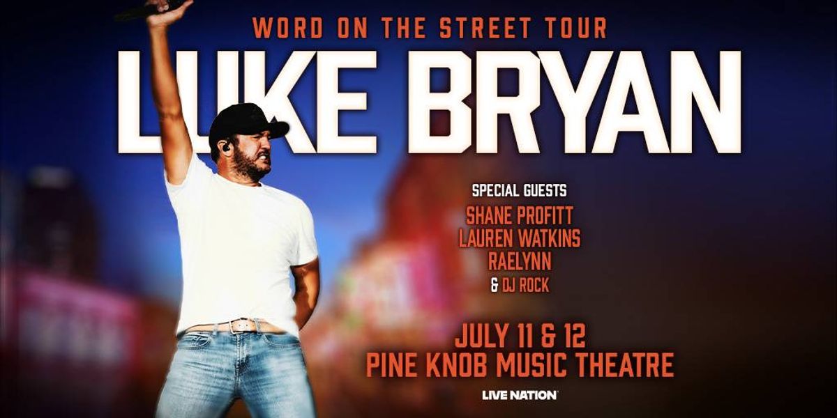 Luke Bryan Word on the Street Tour poster. He's singing on stage with a raised microphone. July 11-12.