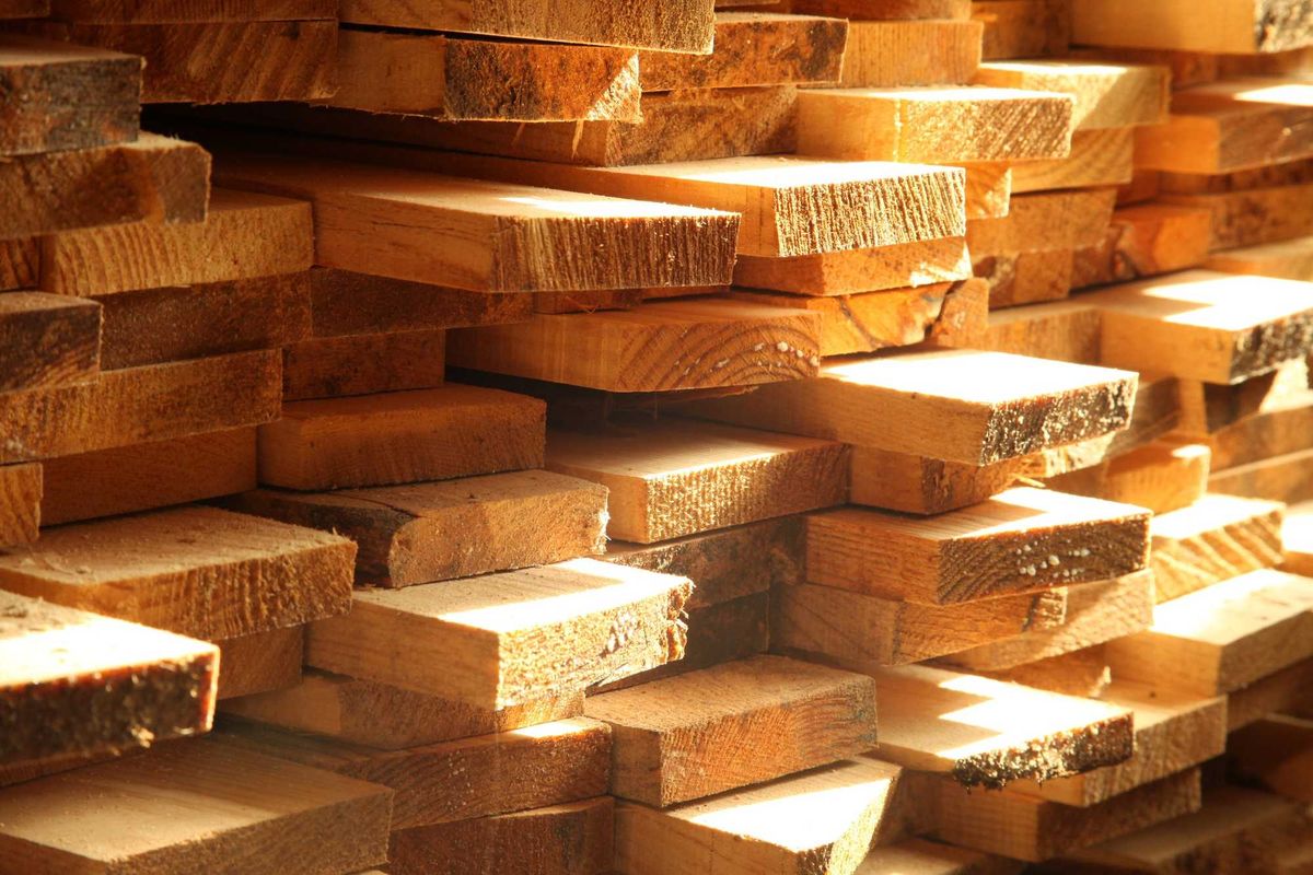 Lumber in afternoon sunlight.