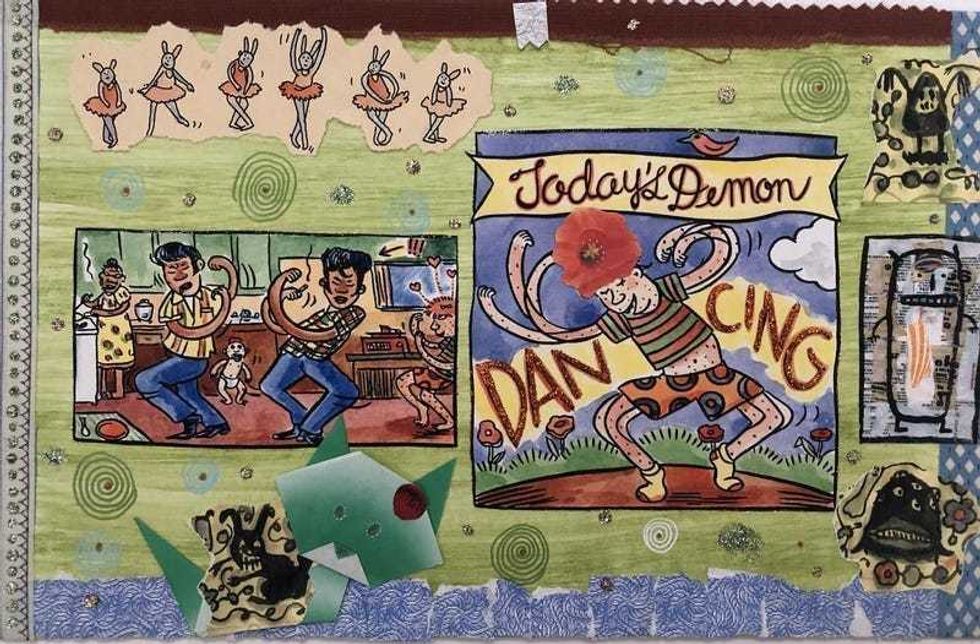 Lynda Barry, 100 Demons: Dancing, 2000-02. Watercolor on board; 8 × 10