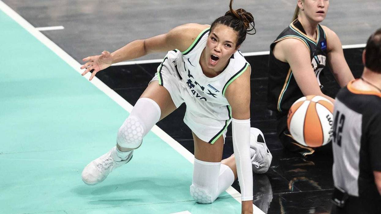 Lynx forward Napheesa Collier (24) reacts after getting called for a turnover in the fourth quarter against the New York Liberty during game two of the 2024 WNBA Finals at Barclays Center.