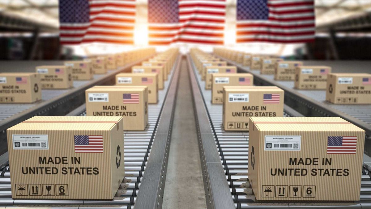 Made in USA United States. Cardboard boxes with text made in USA and American flag on the roller conveyor. 3d illustration