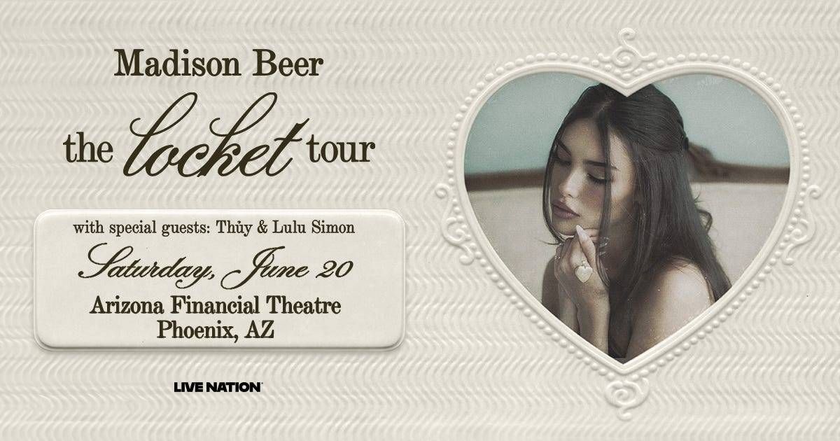 Madison Beer The Locket Tour concert poster with photo of Beer in a heart frame. June 20, Phoenix.