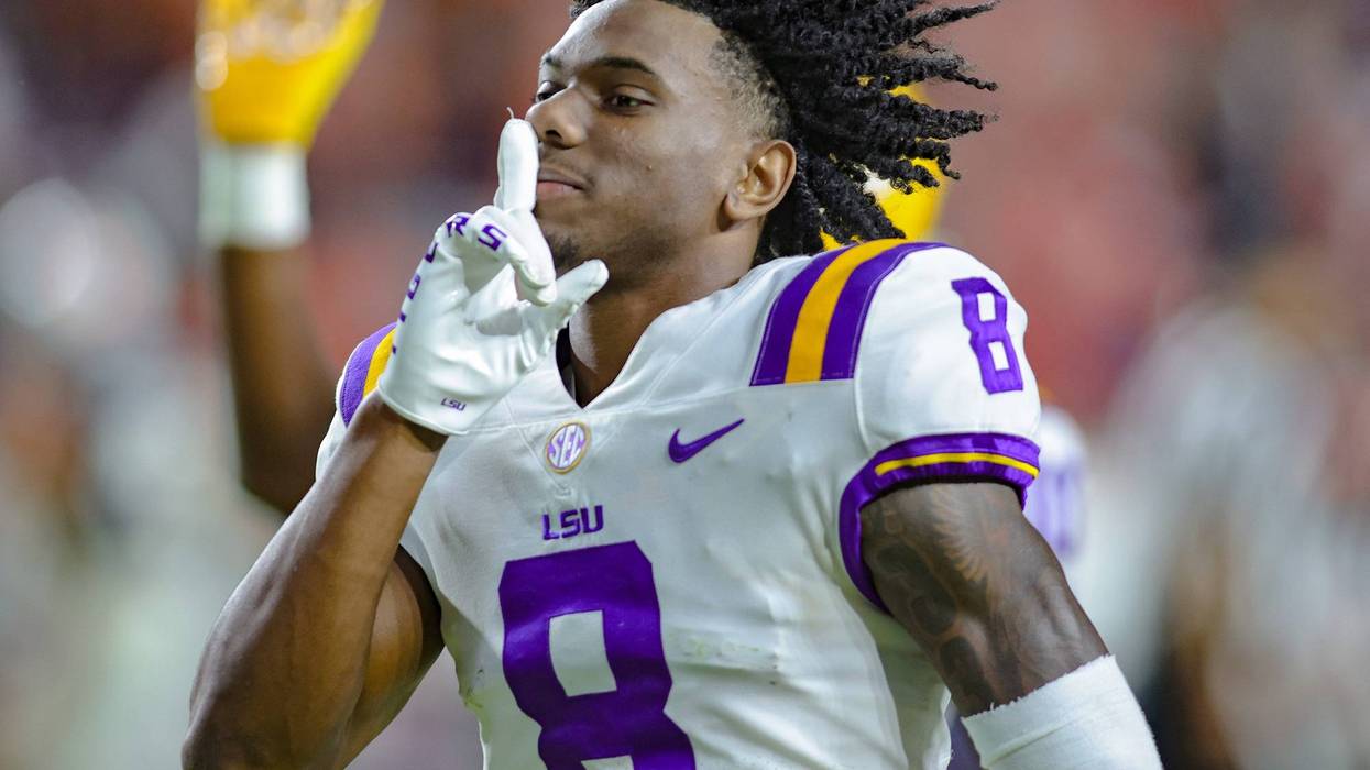 Malik Nabers #8 of the LSU Tigers reacts after an LSU victory at Jordan-Hare Stadium on October 1, 2022 in Auburn, Alabama.