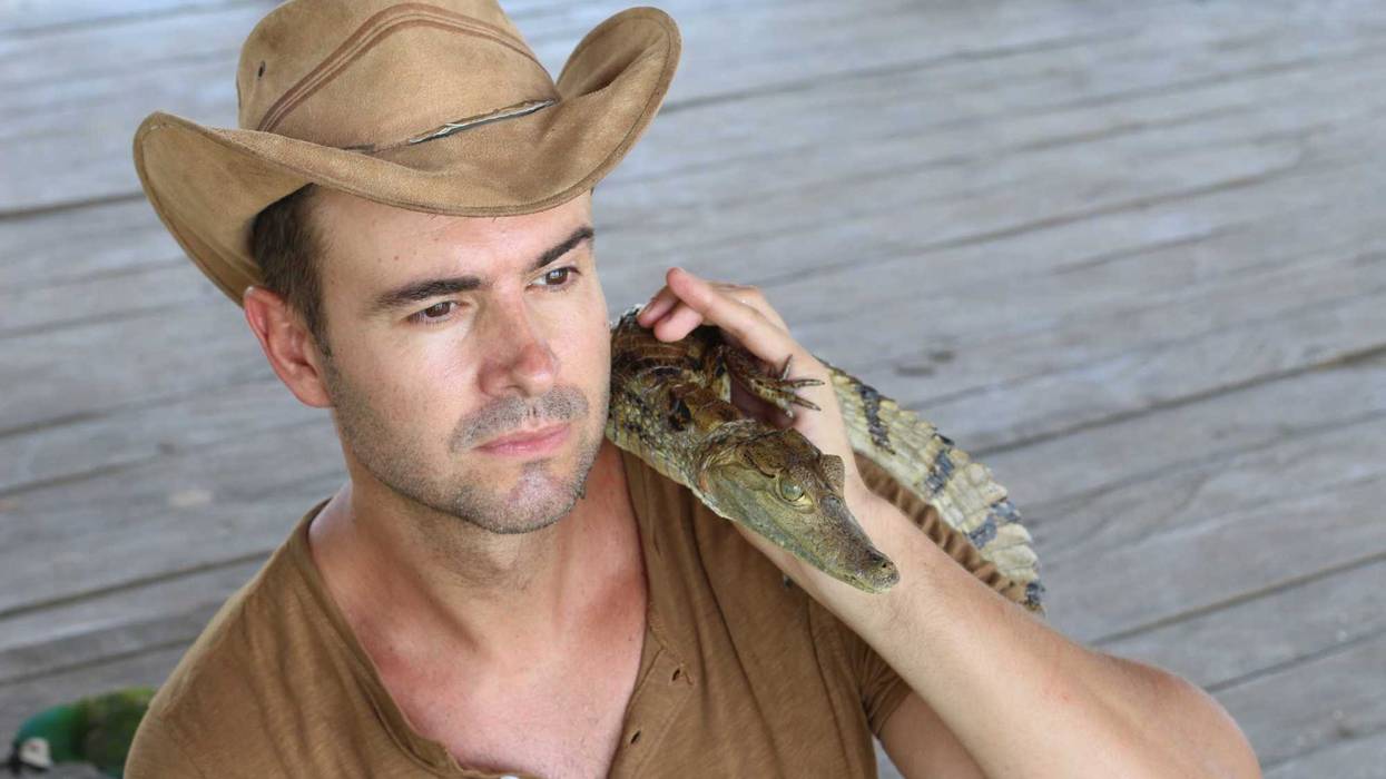 Man in cowboy heat holding alligator.