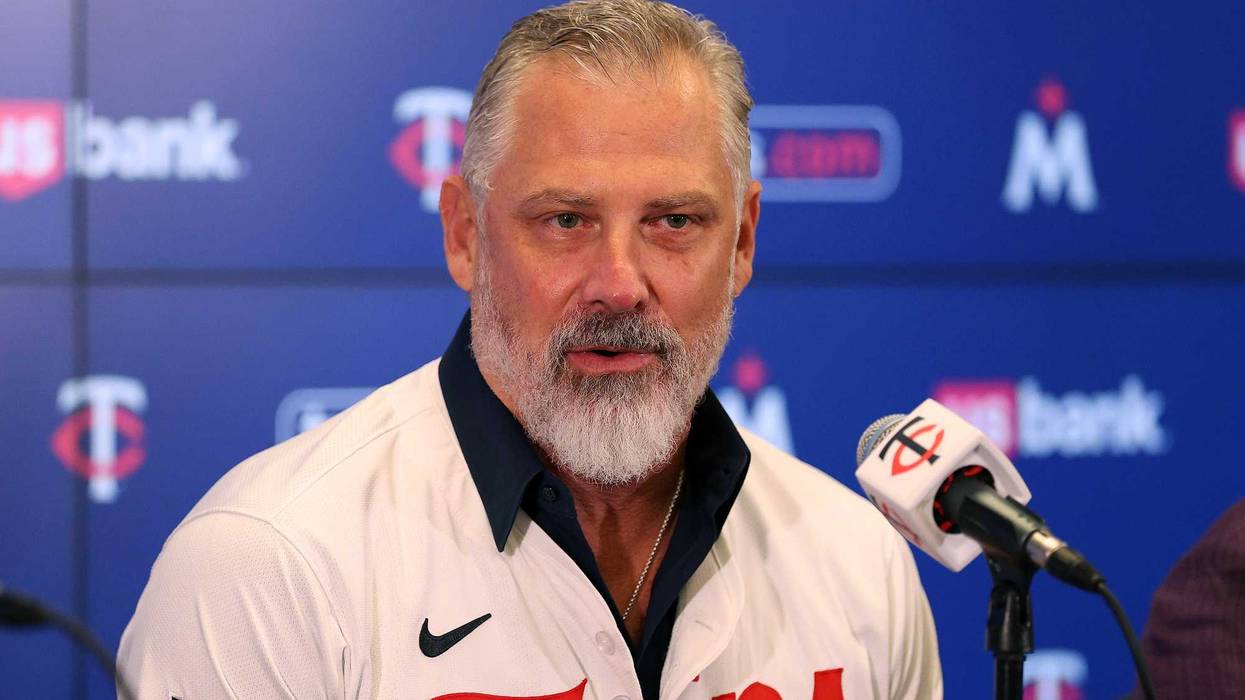 Manager Derek Shelton #8 of the Minnesota Twins addresses media during a press conference to introduce Shelton as manager at Target Field on November 04, 2025 in Minneapolis, Minnesota.