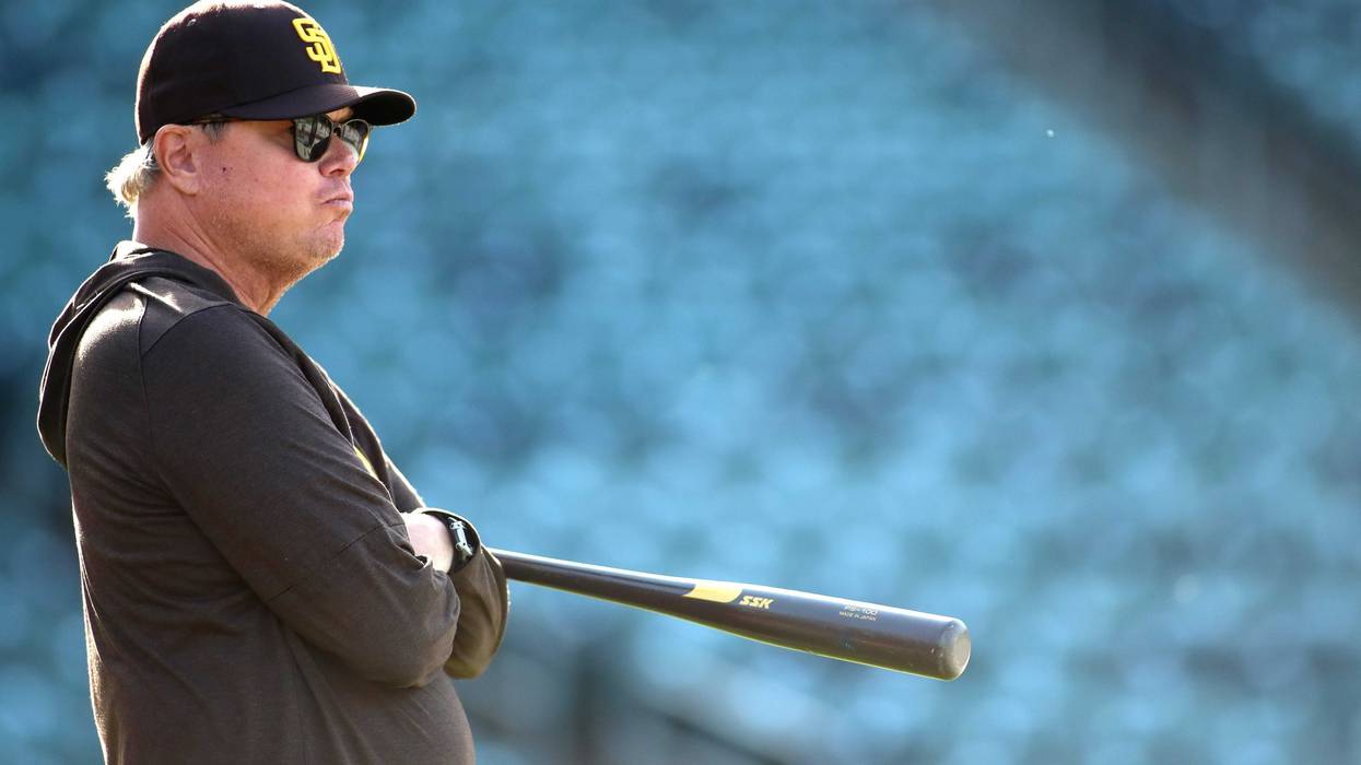 Manager Mike Shildt #8 of the San Diego Padres watches his team practice before their game against the Athletics at Sutter Health Park on April 08, 2025 in Sacramento, California.