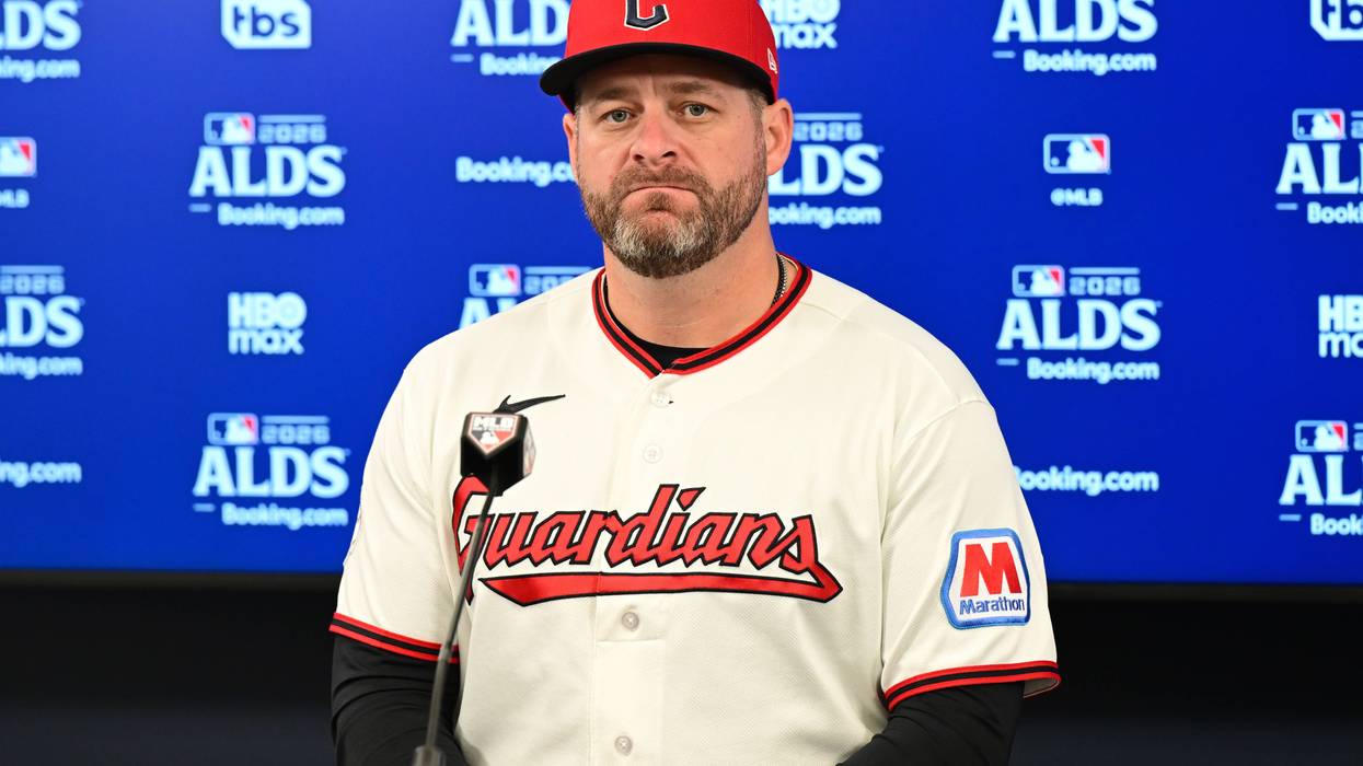 Manager Stephen Vogt #12 of the Cleveland Guardians speaks to the media after game one of the American League Division Series against the Chicago White Sox at Progressive Field on October 03, 2026 in Cleveland, Ohio.