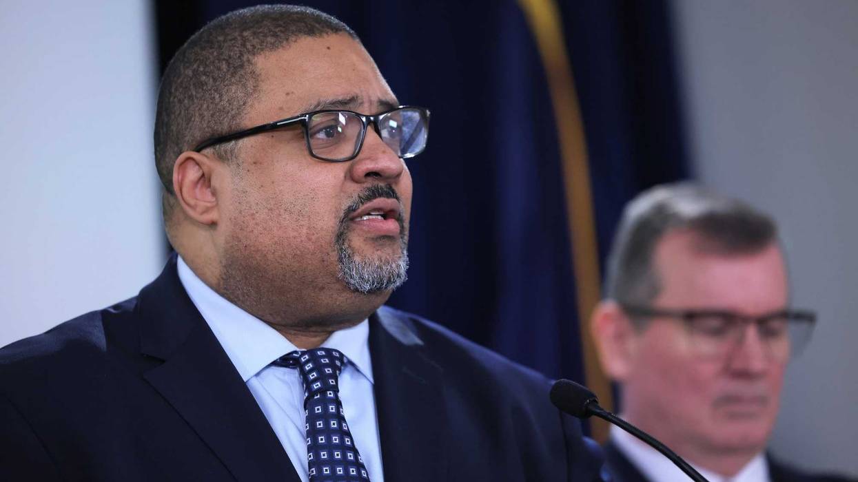 Manhattan District Attorney Alvin Bragg speaks during a press conference at the office of the District Attorneys on Feb. 8, 2024