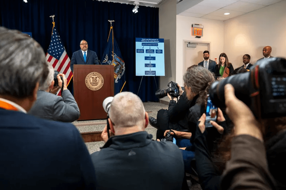 Manhattan District Attorney Alvin L. Bragg Jr. gives a press conference detailing the charges against former President Donald Trump.