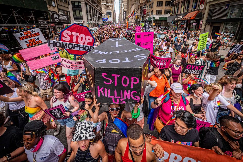 MANHATTAN, NEW YORK, UNITED STATES - 2021/06/27: A coffin painted with the words "Stop Killing Us" seen at the Pride March in New York City on June 27, 2021. Thousands of New Yorkers took to the streets of Manhattan to participate on the Reclaim Pride Coalition