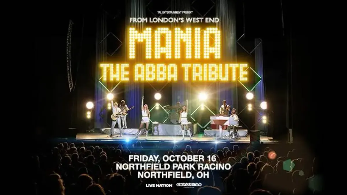 MANIA THE ABBA TRIBUTE concert poster: band performing, glowing title, audience, event details.