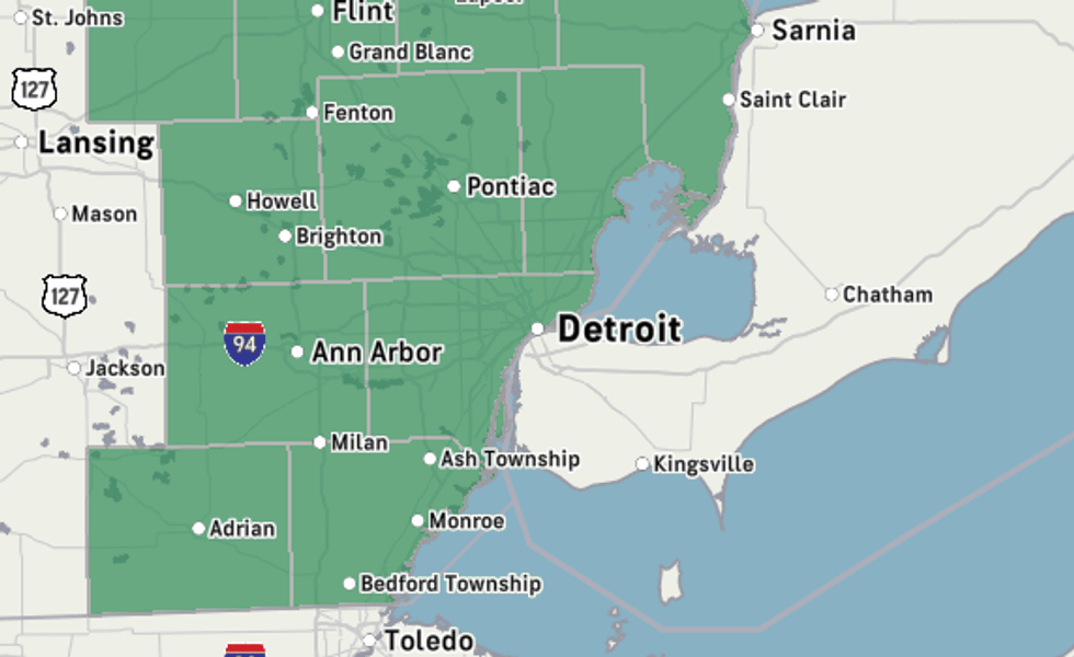 Map: Green region covers SE Michigan cities: Detroit, Ann Arbor, Flint, Pontiac.