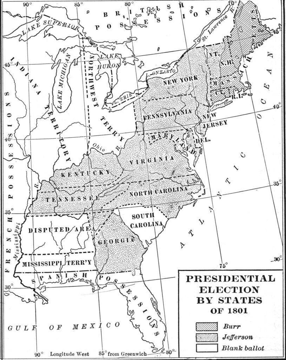 Map illustrates votes, by state, in the US Presidential election of 1800, late nineteenth century. It is broken down as votes for Aaron Burr, Thomas Jefferson, or