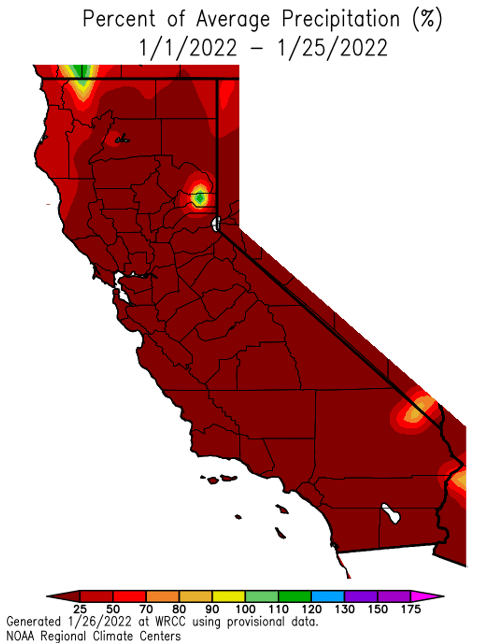 Map of California showing the percent of average precipitation.