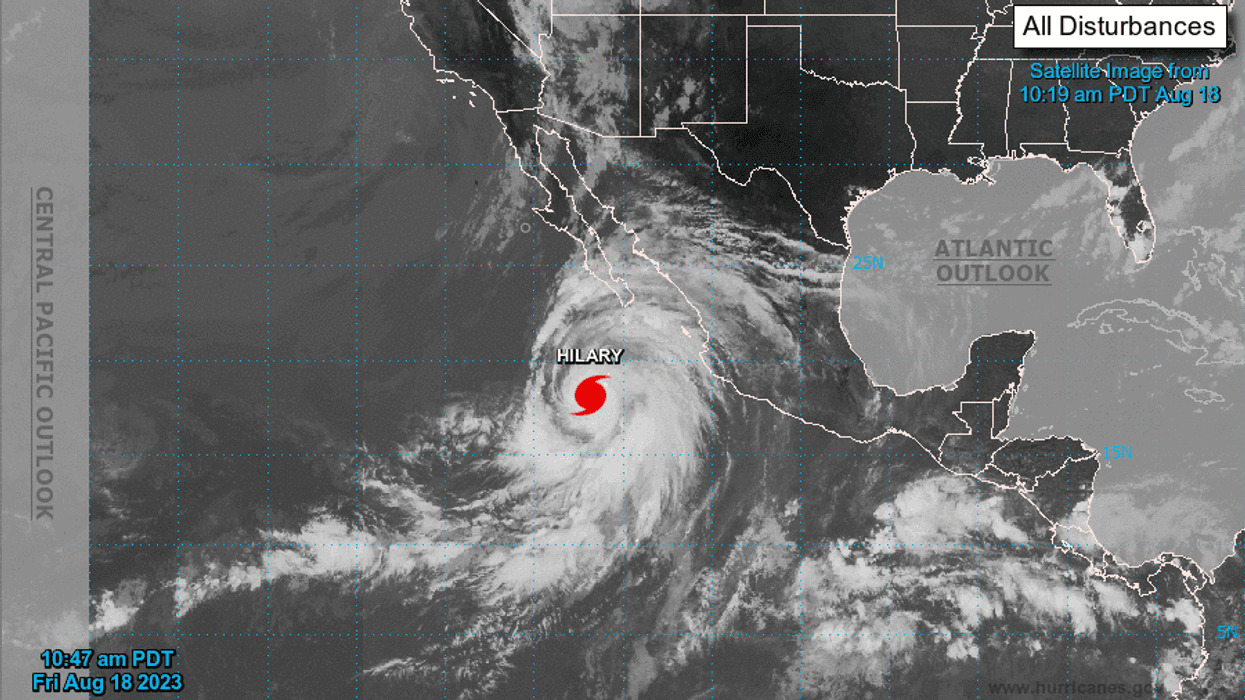 map of hurricane hilary swirling toward the coast of mexico