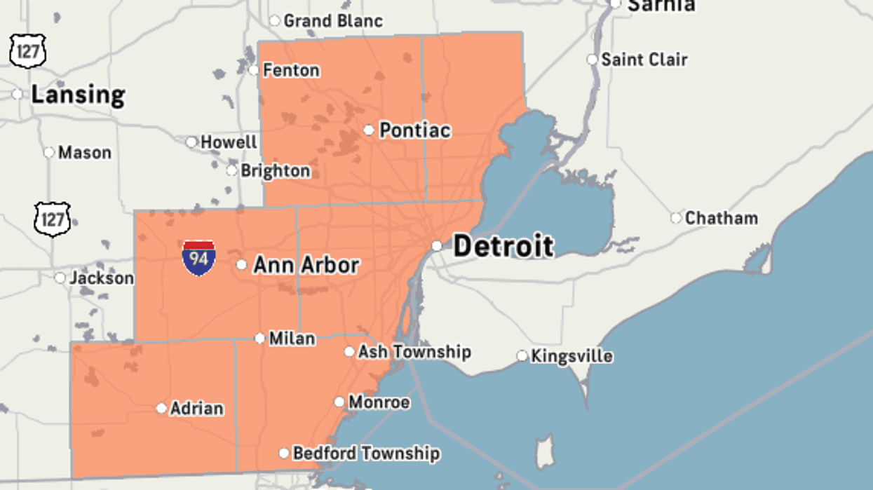 Map of Michigan with a large orange highlighted region from Adrian to Pontiac.