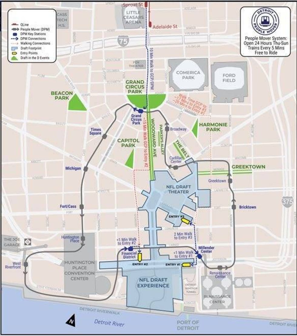 Map of NFL Draft locations and People Mover