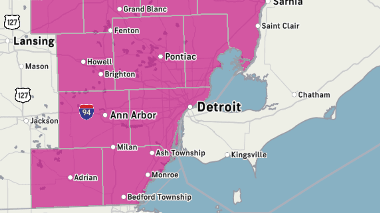 Map of SE Michigan counties (Detroit, Ann Arbor, Flint) under a magenta weather alert.