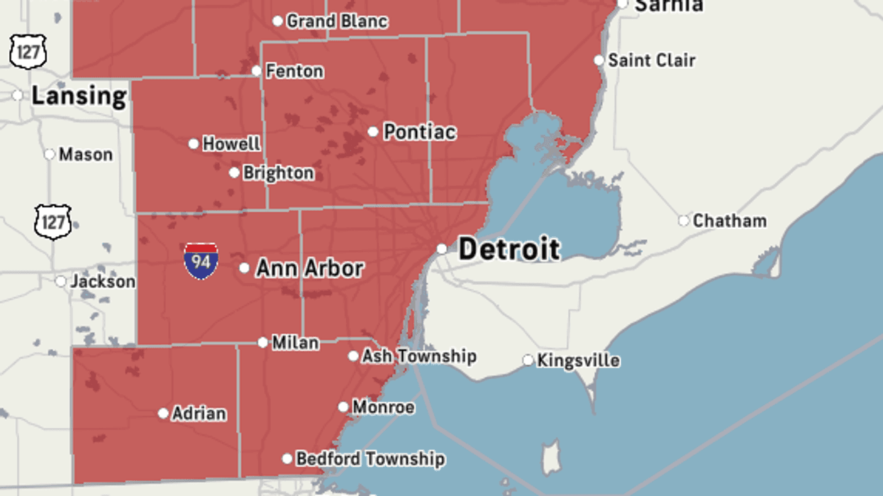 Map of Southeast Michigan with red-shaded weather alerts for Detroit, Ann Arbor, and Flint regions.