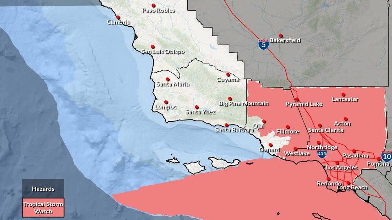 map of southern california coast with coastal waters and parts of san gabriel mountains and antelope valley in red