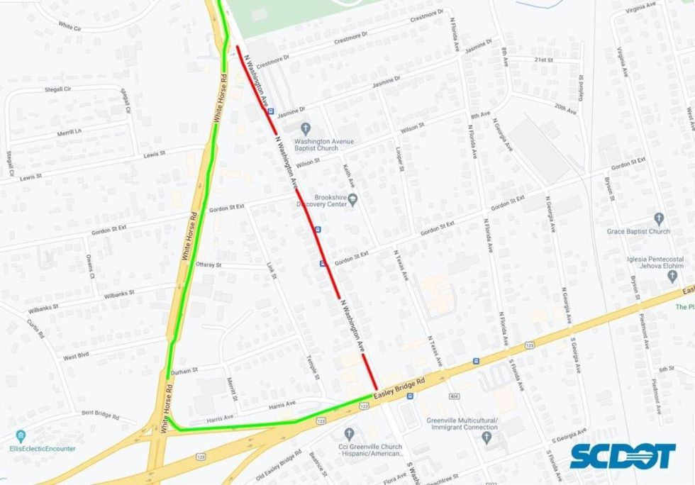 Map of the planned road closure (red marking) and detour (green marking)