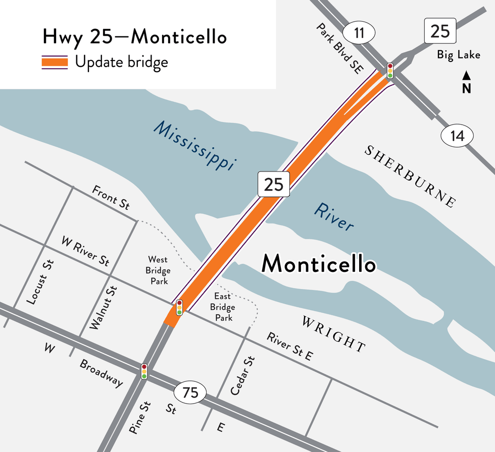 Map of work on Highway 25 in Monticello