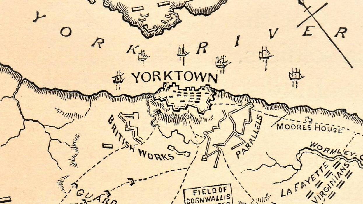 Map of Yorktown, Virginia, the site where the French and American troops fought against British soldiers during the American Revolution. British General Cornwallis surrendered on October 19, 1781. Illustration was published in First Lessons in Our Country’s History by William Swinton, A.M. (Ivison, Blakeman, Taylor, & Company, New York and Chicago) in 1872.