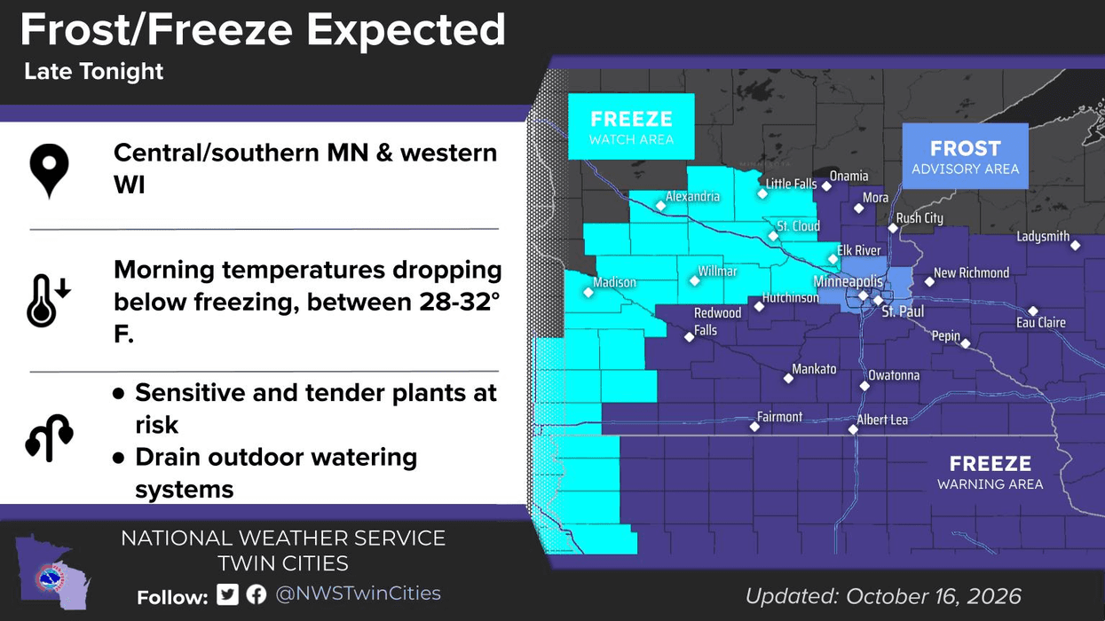 map showing freeze warning Minnesota