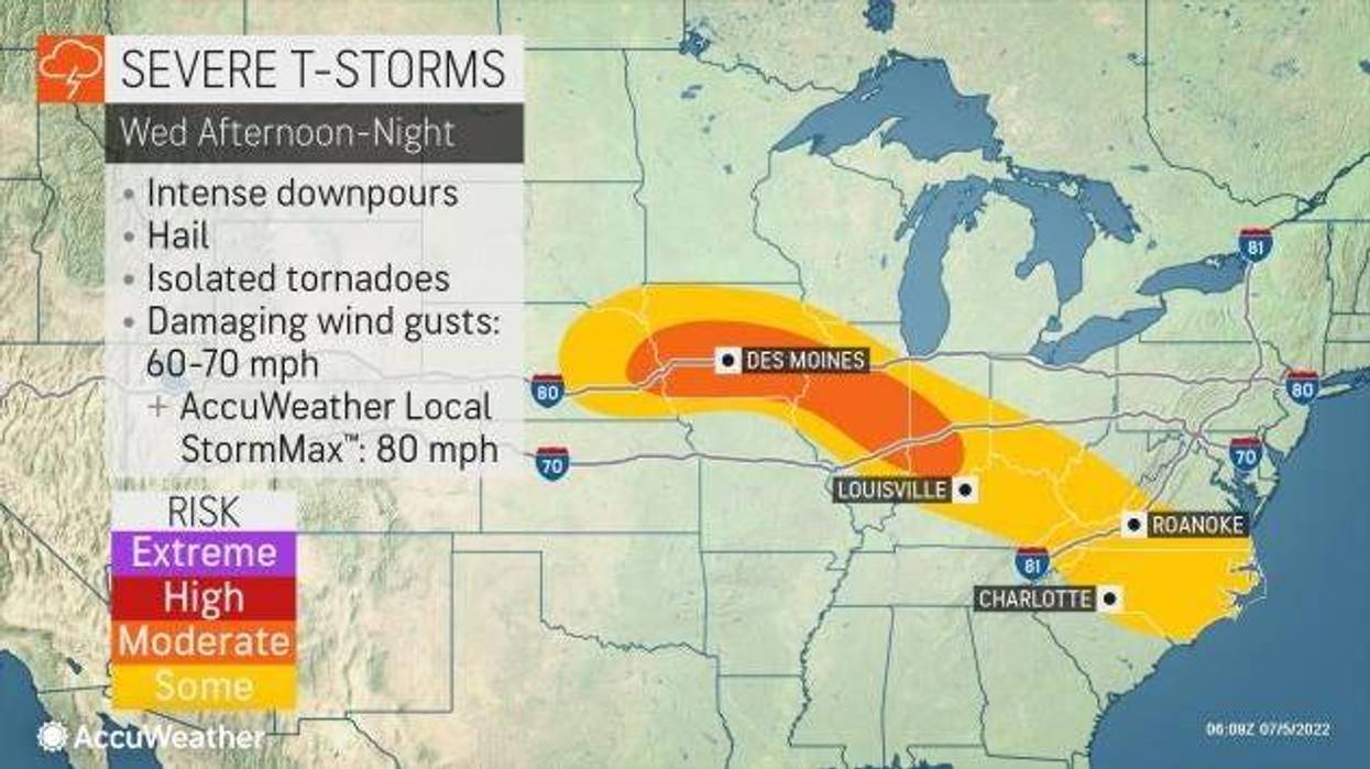 Map showing path of storms on Wednesday