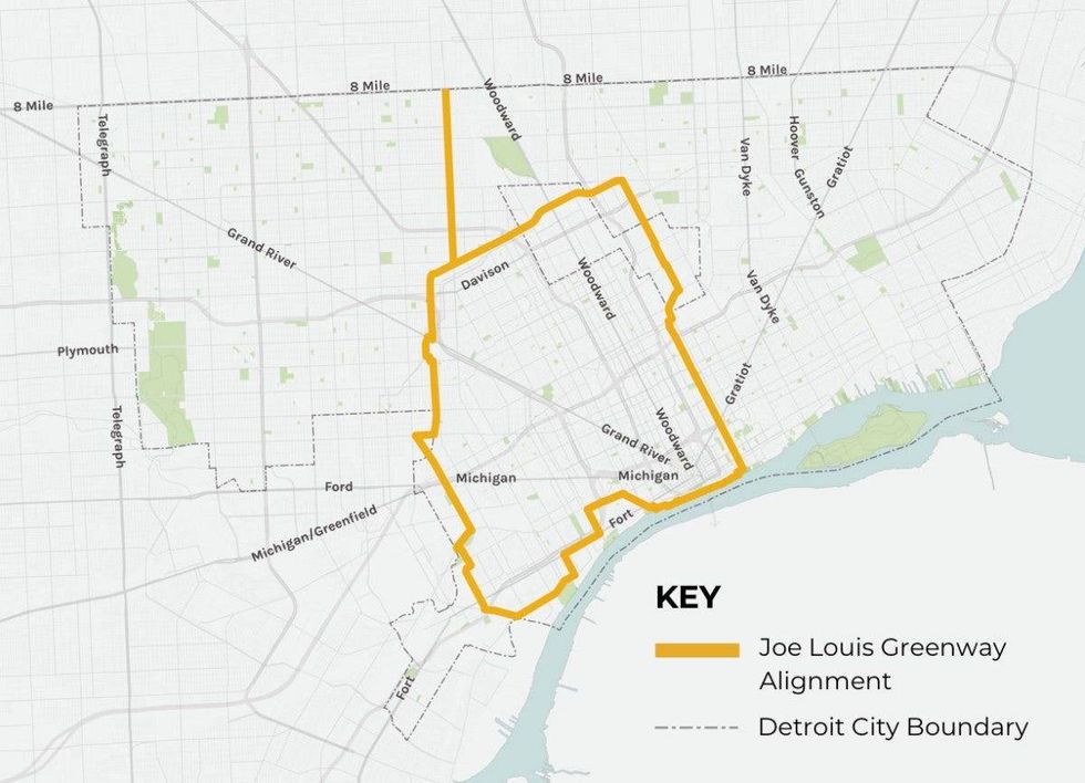 Map shows the planned Joe Louis Greenway