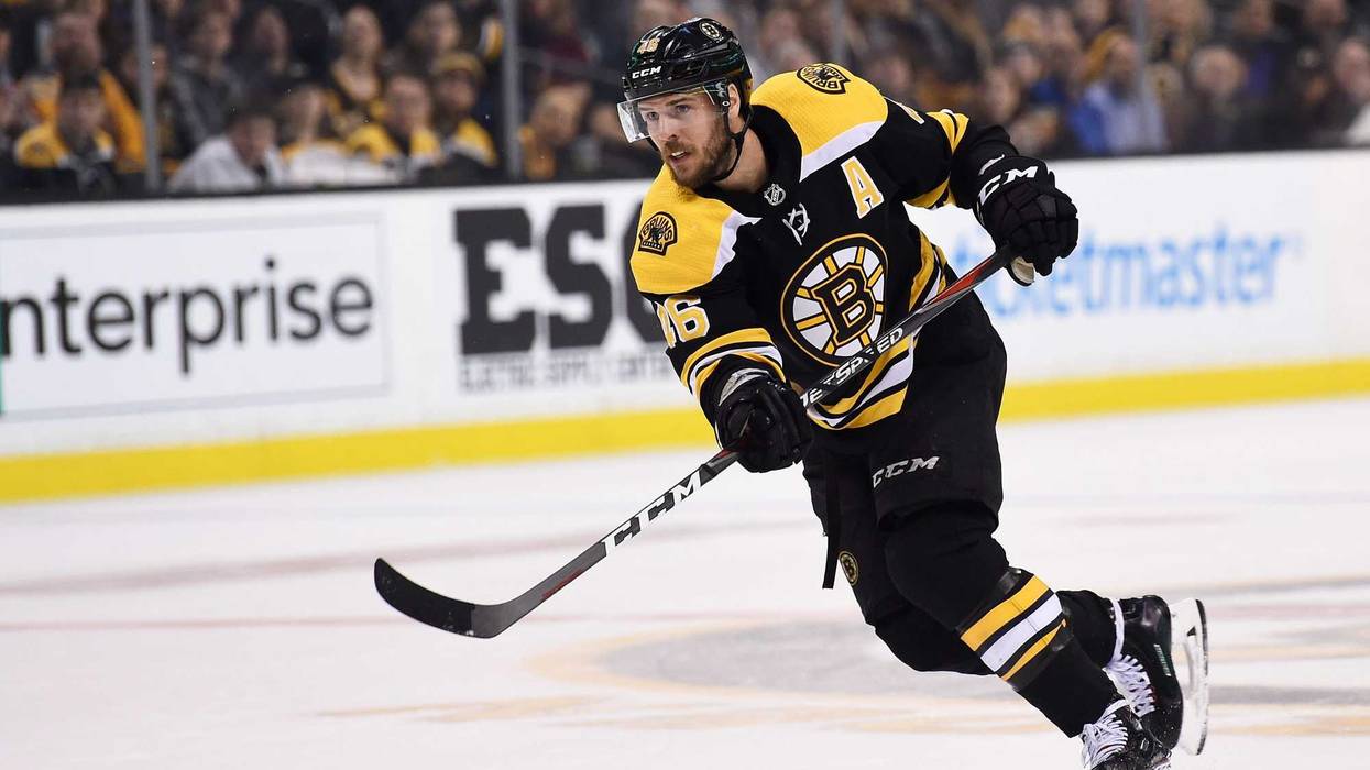 Mar 1, 2018; Boston, MA, USA; Boston Bruins center David Krejci (46) shoots the puck during the first period against the Pittsburgh Penguins at TD Garden. Mandatory Credit: Bob DeChiara-USA TODAY Sports