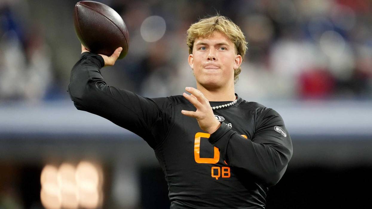 Mar 1, 2025; Indianapolis, IN, USA; Mississippi quarterback Jaxson Dart (QB03) during the 2025 NFL Combine at Lucas Oil Stadium.