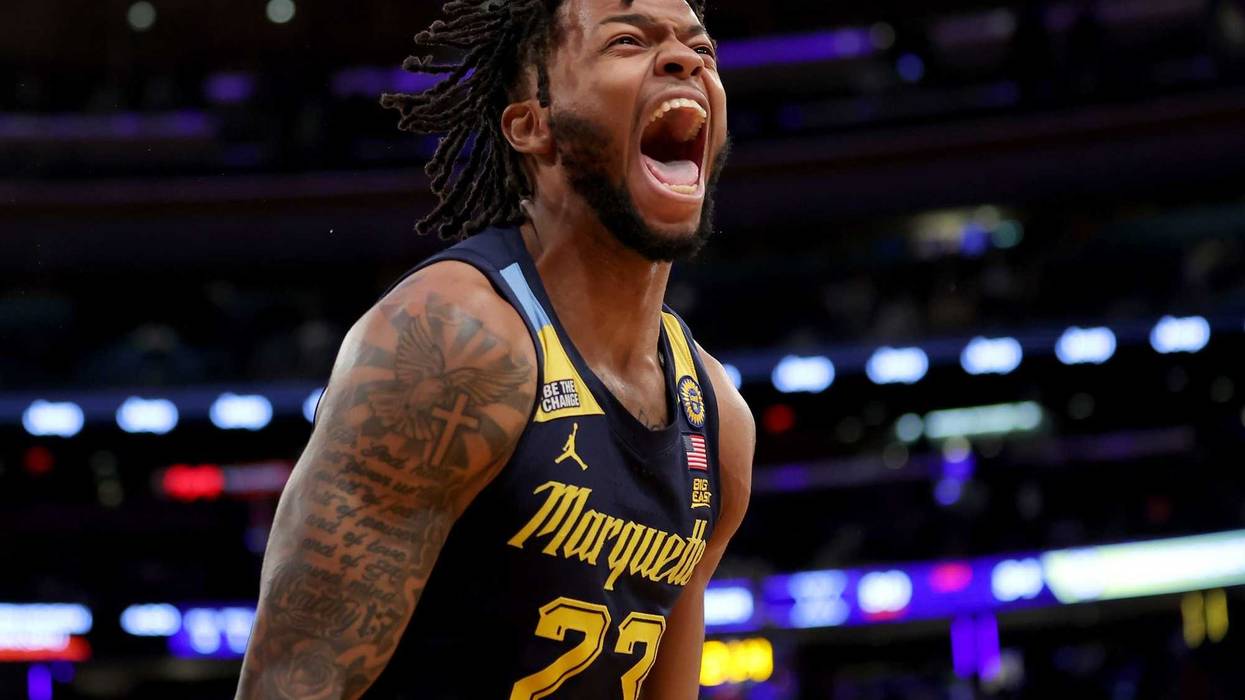 Mar 13, 2025; New York, NY, USA; Marquette Golden Eagles forward David Joplin (23) reacts after a block during the second half against the Xavier Musketeers at Madison Square Garden. Mandatory Credit: Brad Penner-Imagn Images