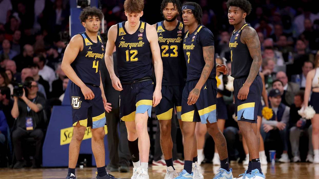 Mar 14, 2025; New York, NY, USA; Marquette Golden Eagles guard Stevie Mitchell (4) and forwards Ben Gold (12) and David Joplin (23) and guards Zaide Lowery (7) and Kam Jones (1) walk onto the court after a time out during the second half against the St. John's Red Storm at Madison Square Garden. Mandatory Credit: Brad Penner-Imagn Images