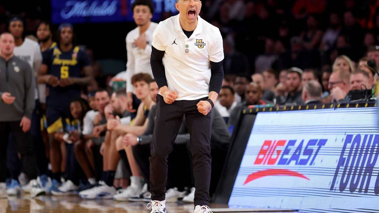 Mar 14, 2025; New York, NY, USA; Marquette Golden Eagles head coach Shaka Smart coaches against the St. John's Red Storm during the second half at Madison Square Garden. Mandatory Credit: Brad Penner-Imagn Images
