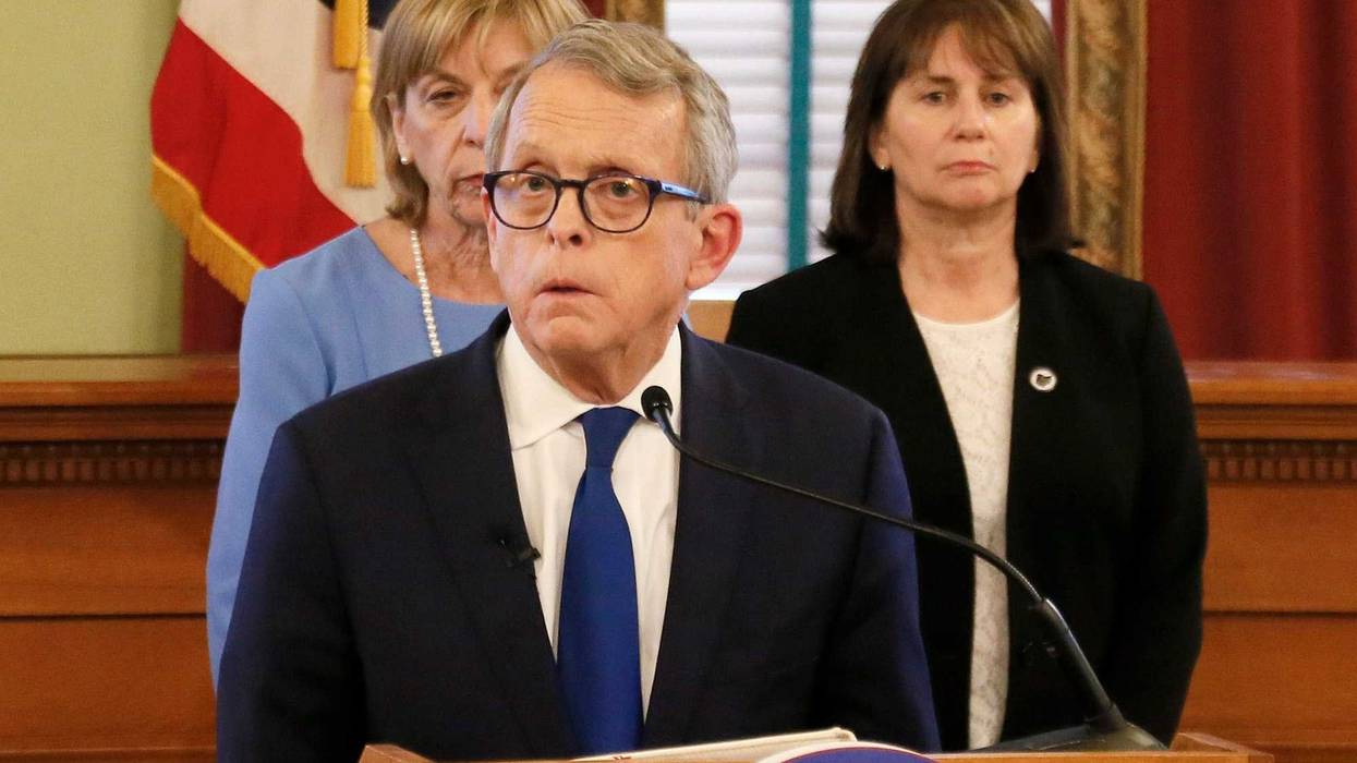 Mar 15, 2020; Columbus, OH, USA; Governor Mike DeWine speaks during a press conference to update the public on efforts to fight the coronavirus on Sunday, March 15, 2020 at the Ohio Statehouse. The Governor ordered that all bars and restaurants close at 9