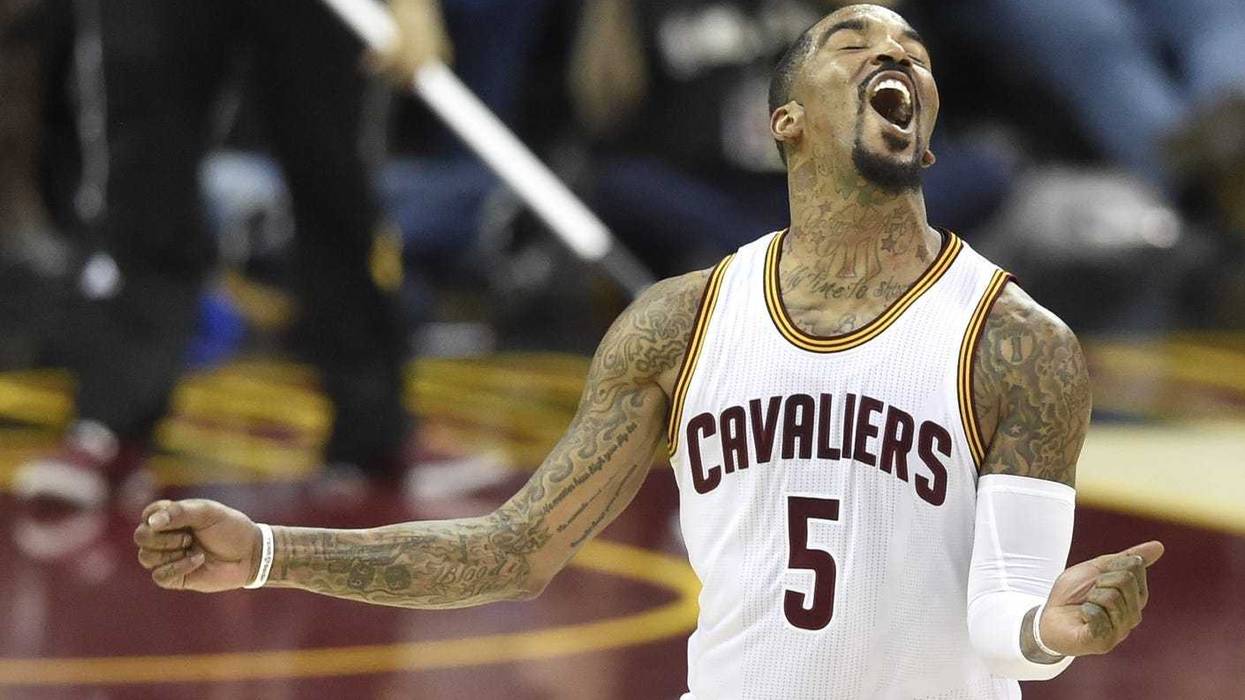 Mar 16, 2017; Cleveland, OH, USA; Cleveland Cavaliers guard J.R. Smith (5) celebrates his three-point basket in the fourth quarter against the Utah Jazz at Quicken Loans Arena. Mandatory Credit: David Richard-USA TODAY Sports