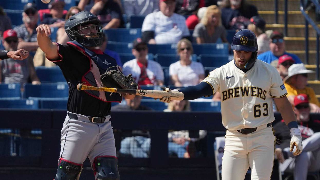 Mar 16, 2025; Phoenix, Arizona, USA; Milwaukee Brewers second base Caleb Durbin (63) reacts after striking out against the Cleveland Guardians in the third inning at American Family Fields of Phoenix. Mandatory Credit: Rick Scuteri-Imagn Images