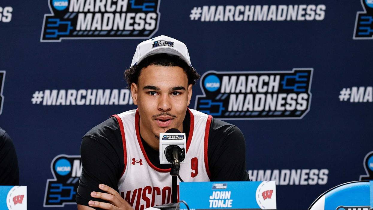 Mar 19, 2025; Denver, CO, USA; Wisconsin Badgers player John Tonje during a press conference at Ball Arena. Mandatory Credit: Isaiah J. Downing-Imagn Images