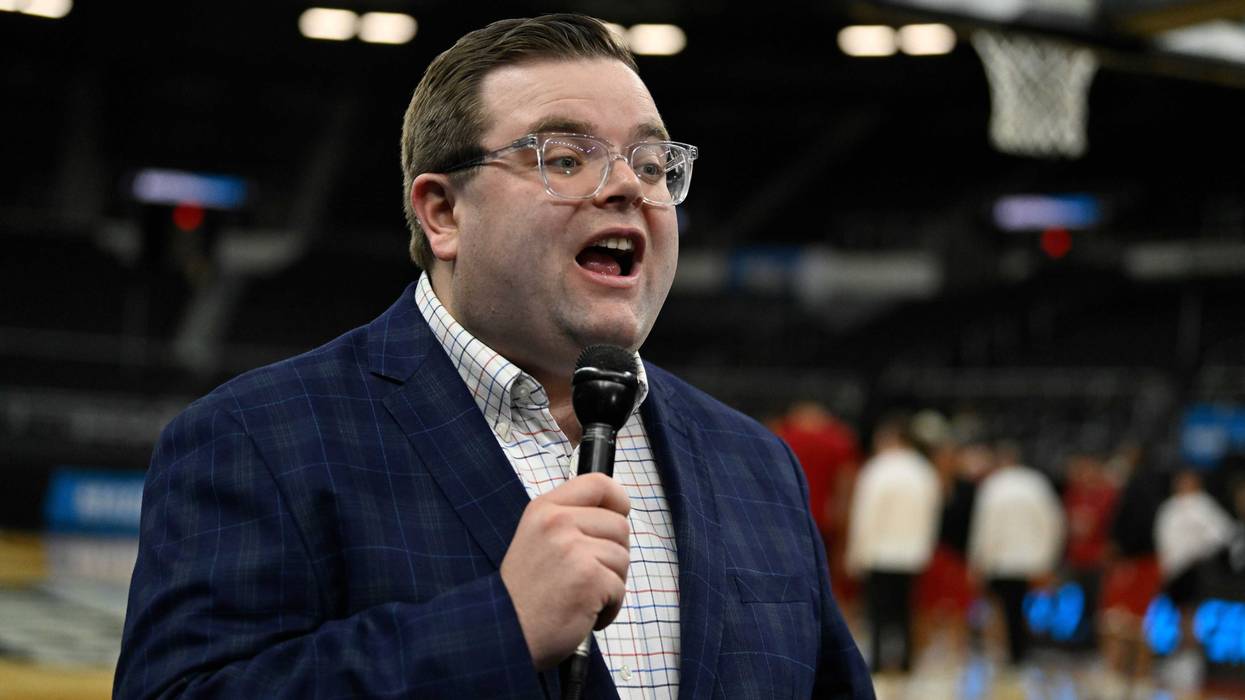 Mar 19, 2025; Providence, RI, USA; FOX and NBC Sports reporter and co-host of The Field of 68 podcast John Fanta broadcasts from the Amica Mutual Pavilion.