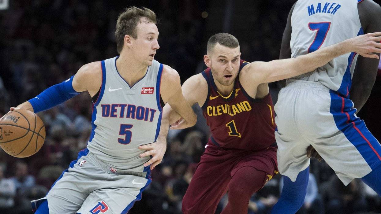 Mar 2, 2019; Cleveland, OH, USA; Detroit Pistons guard Luke Kennard (5) drives to the basket against Cleveland Cavaliers guard Nik Stauskas (1) during the first half at Quicken Loans Arena. Mandatory Credit: Ken Blaze-USA TODAY Sports