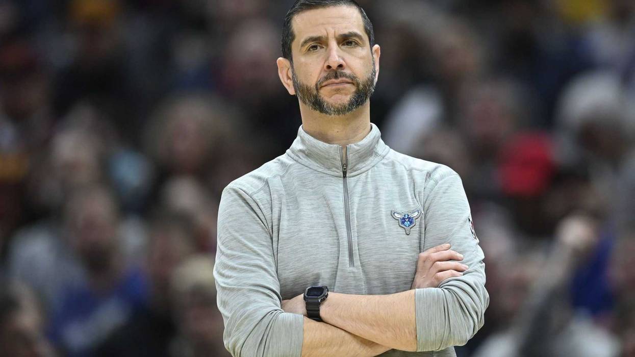 Mar 2, 2022; Cleveland, Ohio, USA; Charlotte Hornets head coach James Borrego reacts in the third quarter against the Cleveland Cavaliers at Rocket Mortgage FieldHouse.