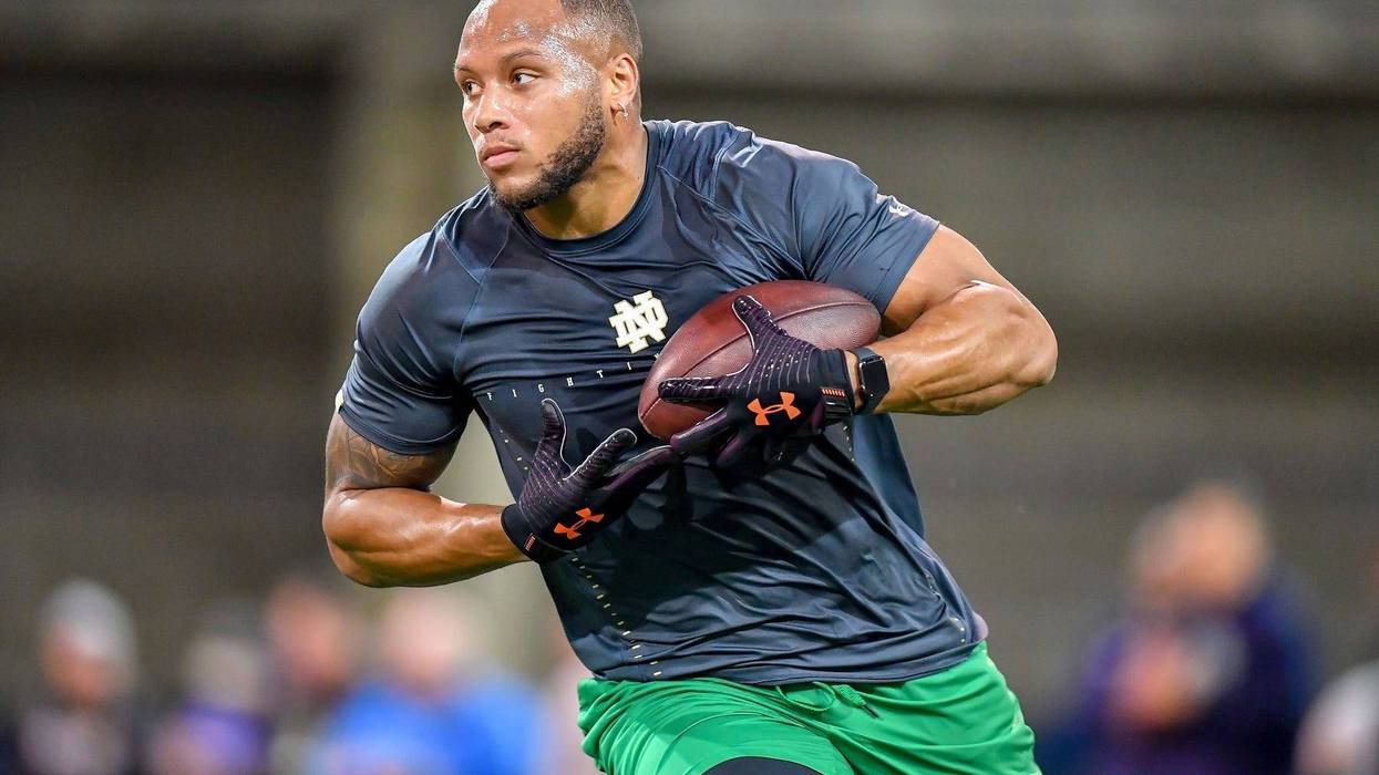 Mar 20, 2019; Notre Dame, IN, USA; Notre Dame Fighting Irish tight end Alize Mack runs a drill during Notre Dame Pro Day at the Loftus Center.