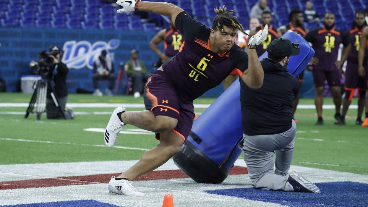 Mar 3, 2019; Indianapolis, IN, USA; Central Florida defensive lineman Trysten Hill (DL06) goes through workout drills during the 2019 NFL Combine at Lucas Oil Stadium.