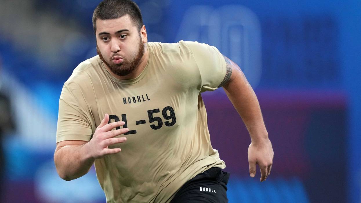 Mar 3, 2024; Indianapolis, IN, USA; Kansas offensive lineman Dominick Puni (OL59) during the 2024 NFL Combine at Lucas Oil Stadium.
