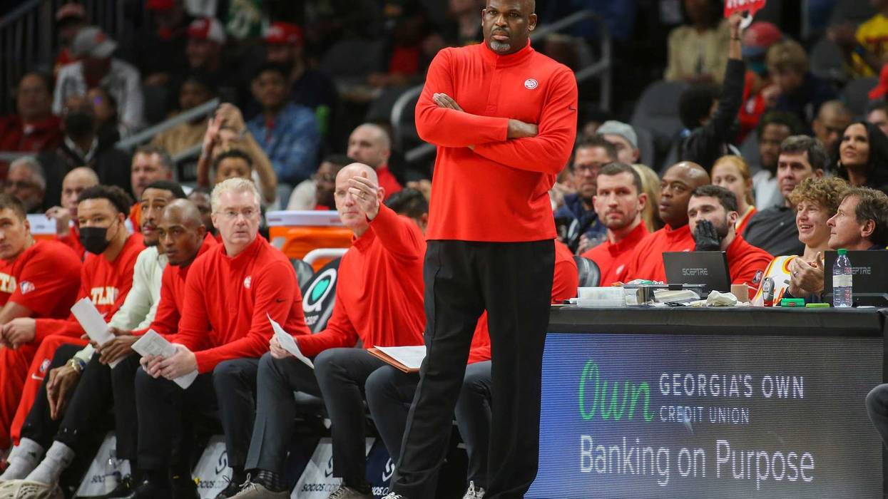 Mar 31, 2022; Atlanta, Georgia, USA; Atlanta Hawks head coach Nate McMillan on the sideline against the Cleveland Cavaliers in the first quarter at State Farm Arena.